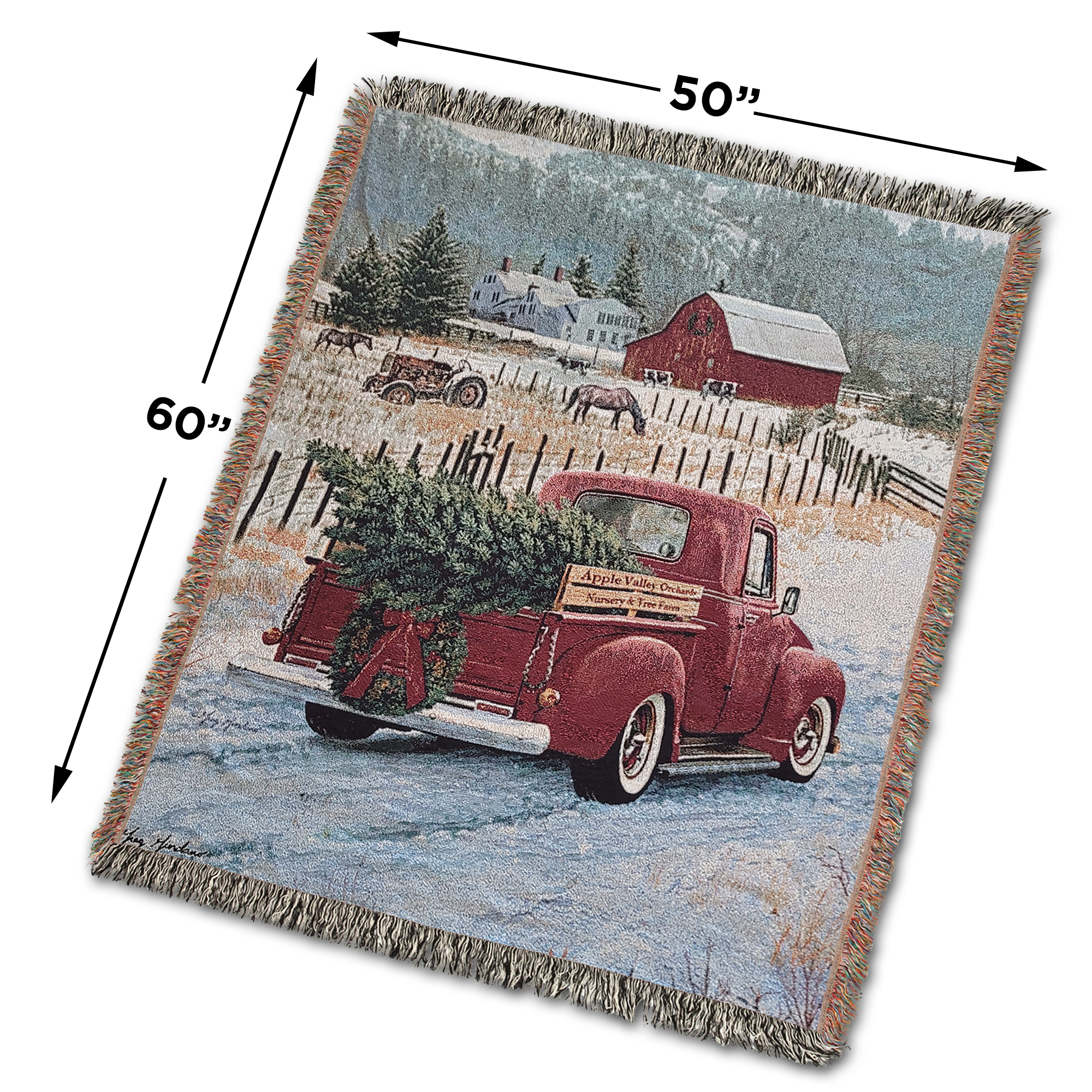 Christmas Tree and Truck Farm Scene 100% Cotton Woven Tapestry Blanket by Renowned Artist Greg Giordano