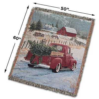 Christmas Tree and Truck Farm Scene 100% Cotton Woven Tapestry Blanket by Renowned Artist Greg Giordano
