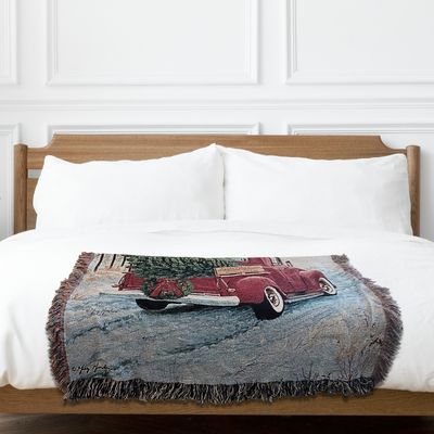 Christmas Tree and Truck Farm Scene 100% Cotton Woven Tapestry Blanket by Renowned Artist Greg Giordano