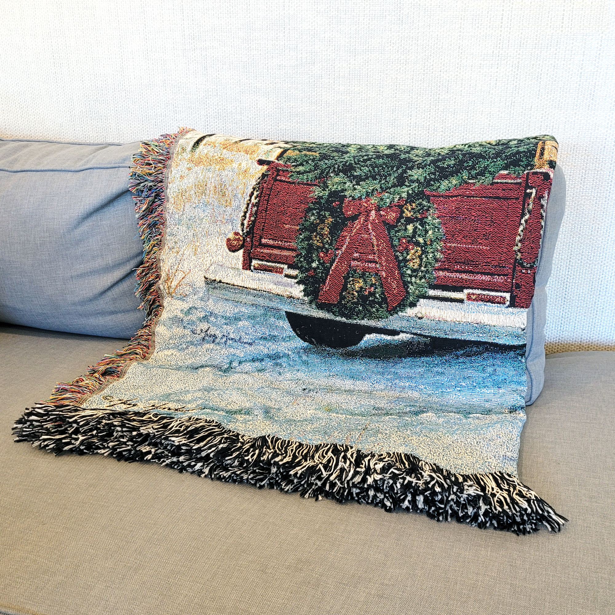 Christmas Tree and Truck Farm Scene 100% Cotton Woven Tapestry Blanket by Renowned Artist Greg Giordano