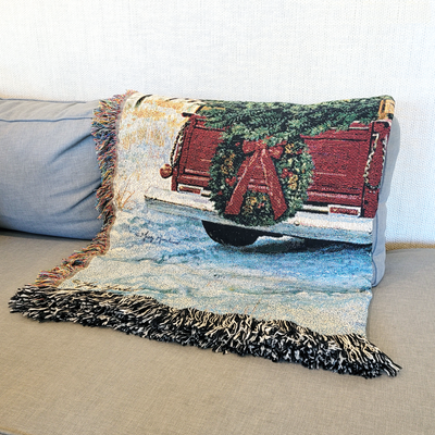 Christmas Tree and Truck Farm Scene 100% Cotton Woven Tapestry Blanket by Renowned Artist Greg Giordano
