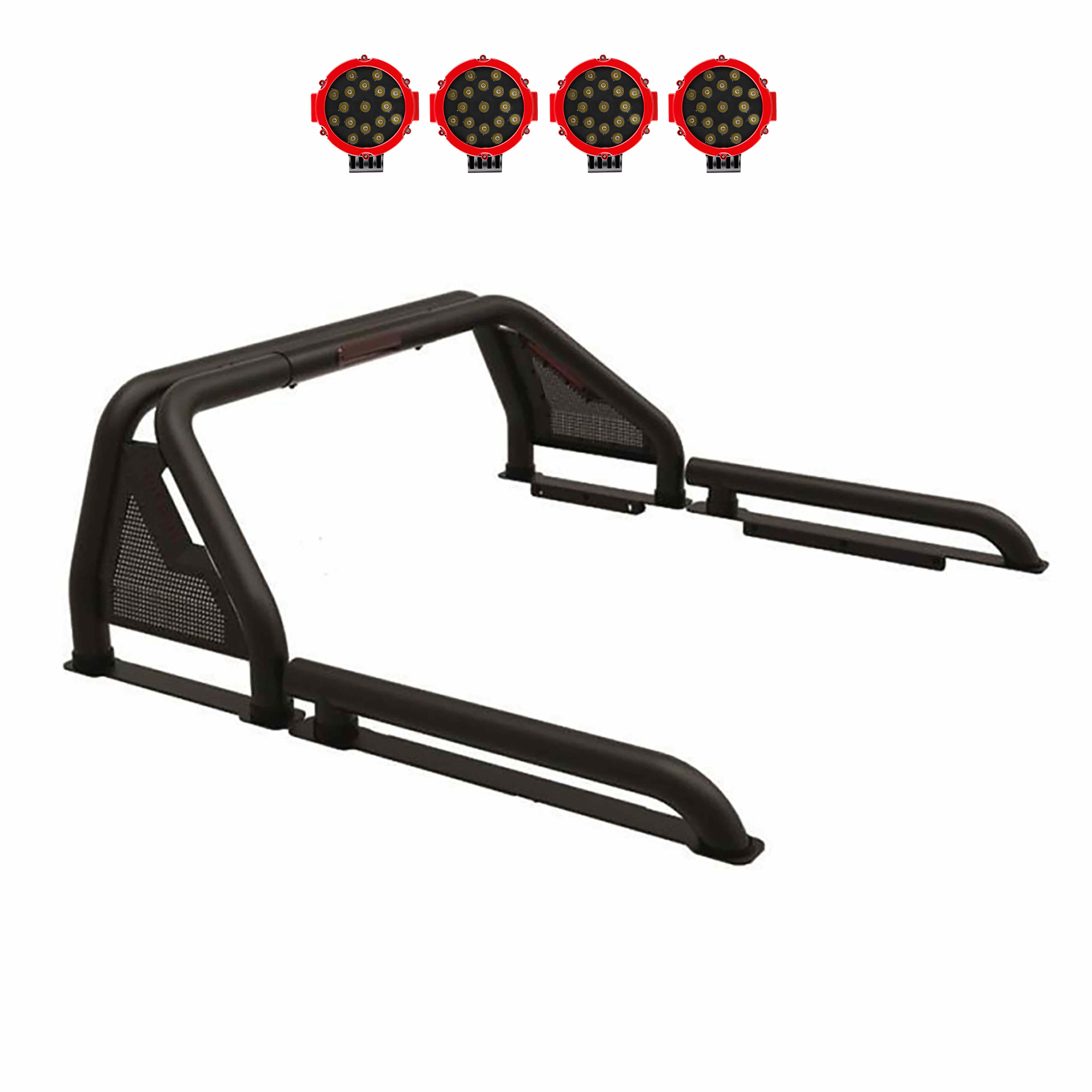 2005-2021 Nissan Frontier Gladiator Roll Bar Kit Modular Incl. 2 pairs of 7.0"Dia.  LED  Lights w/Red Trim Rings w/ Wiring Harness and Switch | Black Horse Off Road - Image 1