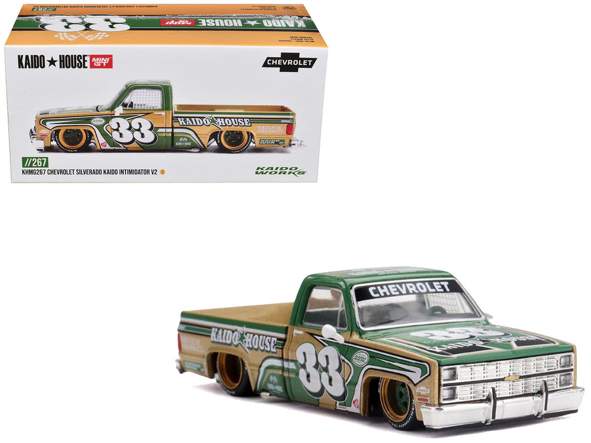 Chevrolet Silverado Pickup Truck #33 "Kaido Intimidator V2" Green and Gold with Graphics (Designed by Jun Imai) "Kaido House" Special 1/64 Diecast Model Car