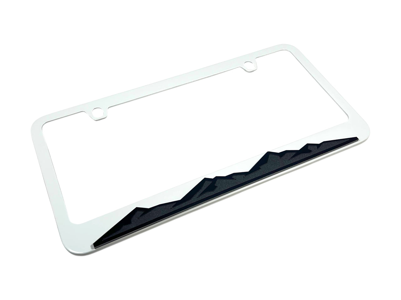 Blacked Out Mountain Range White License Plate Frame