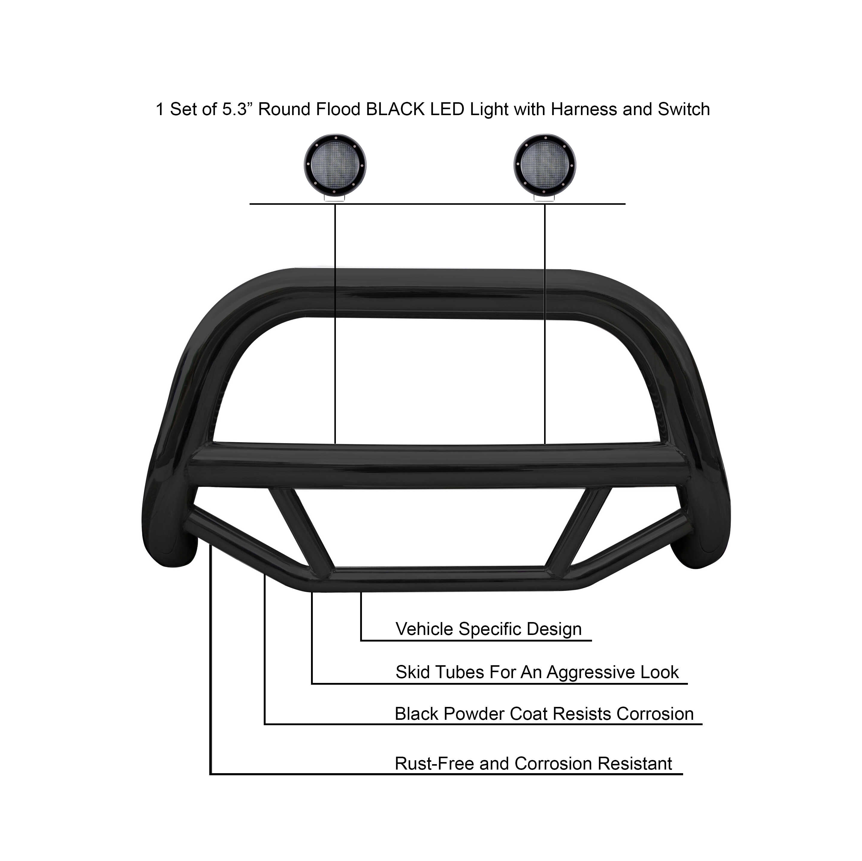 2003-2026 Ford Expedition / Lincoln Navigator Max Bull Bar Kit Pair  of 5.3" Dia. LED Flood Lights w/ Black Trim Rings Wiring Harness  and Switch | Black Horse Off Road - Image 3