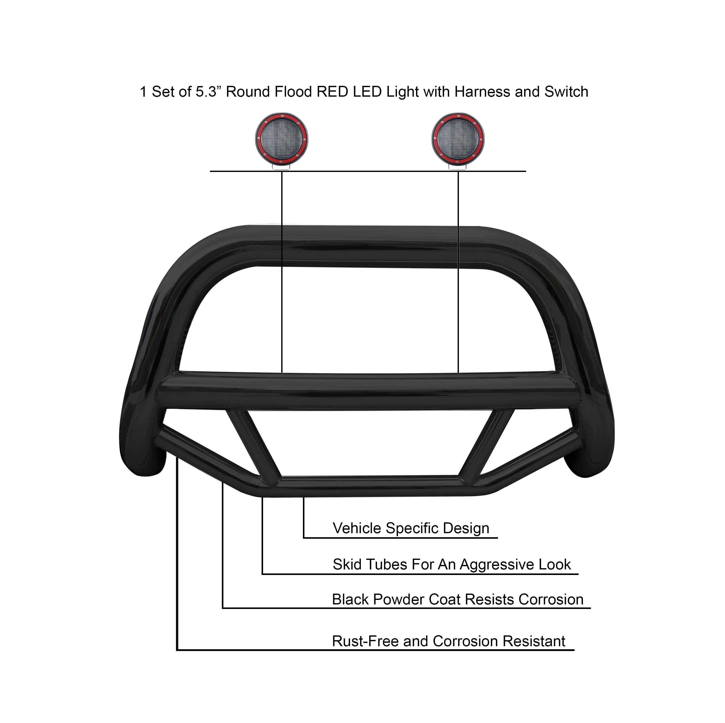 2005-2021 Nissan Frontier Max Bull Bar Kit Pair  of 5.3" Dia. LED Flood Lights w/ Red Trim Rings Wiring Harness  and Switch | Black Horse Off Road - Image 3