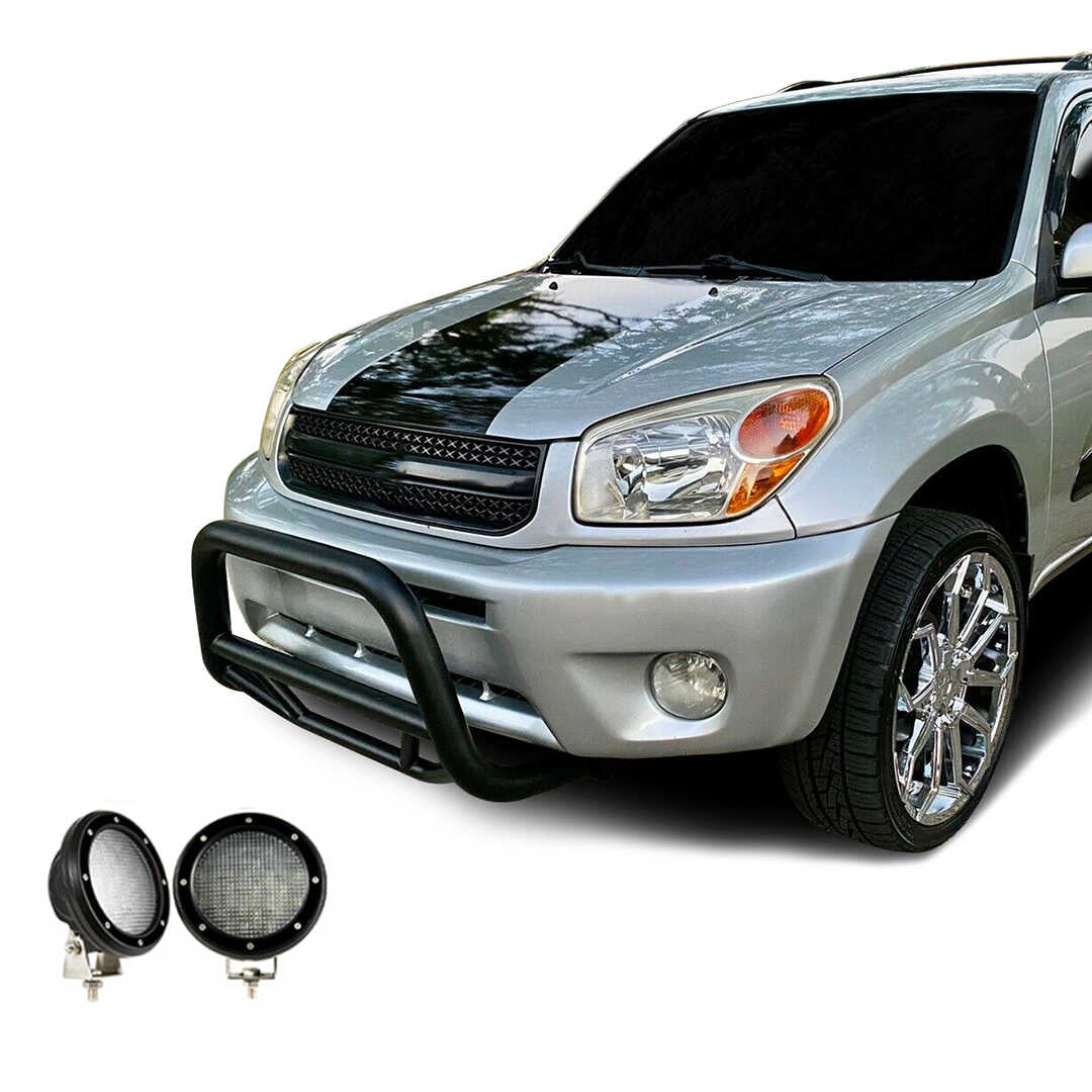 2001-2005 Toyota Rav4 Max Bull Bar Kit Pair  of 5.3" Dia. LED Flood Lights w/ Black Trim Rings Wiring Harness  and Switch | Black Horse Off Road - Image 1