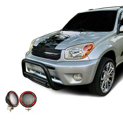 2001-2005 Toyota Rav4 Max Bull Bar Kit Pair  of 5.3" Dia. LED Flood Lights w/ Red Trim Rings Wiring Harness  and Switch | Black Horse Off Road - Image 1