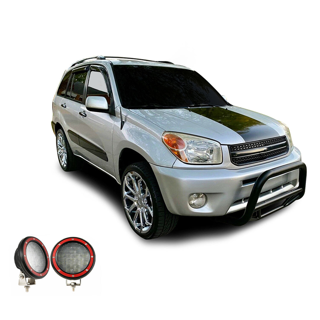 2001-2005 Toyota Rav4 Max Bull Bar Kit Pair  of 5.3" Dia. LED Flood Lights w/ Red Trim Rings Wiring Harness  and Switch | Black Horse Off Road - Image 2