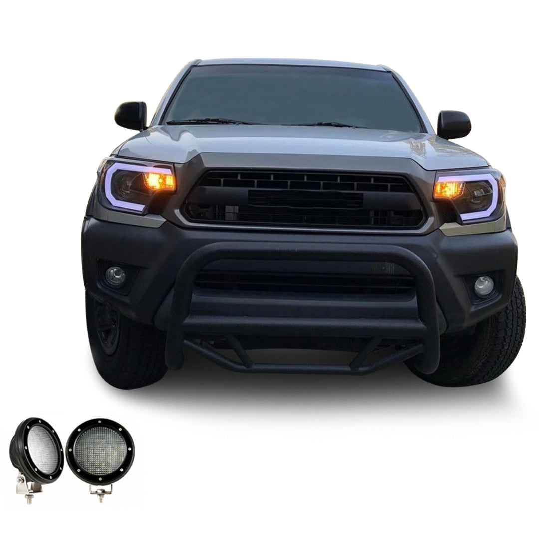 2005-2015 Toyota Tacoma Max Bull Bar Kit Pair  of 5.3" Dia. LED Flood Lights w/ Black Trim Rings Wiring Harness  and Switch | Black Horse Off Road - Image 1
