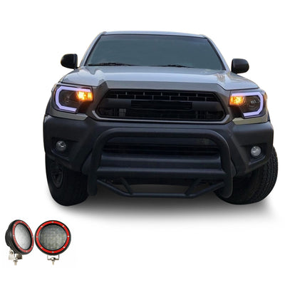 2005-2015 Toyota Tacoma Max Bull Bar Kit Pair  of 5.3" Dia. LED Flood Lights w/ Red Trim Rings Wiring Harness  and Switch | Black Horse Off Road - Image 1