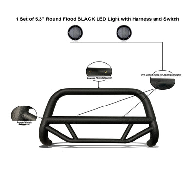 2019-2023 Ford Ranger Max T Bull Bar Kit Pair  of 5.3" Dia. LED Flood Lights w/ Black Trim Rings Wiring Harness  and Switch | Black Horse Off Road - Image 3
