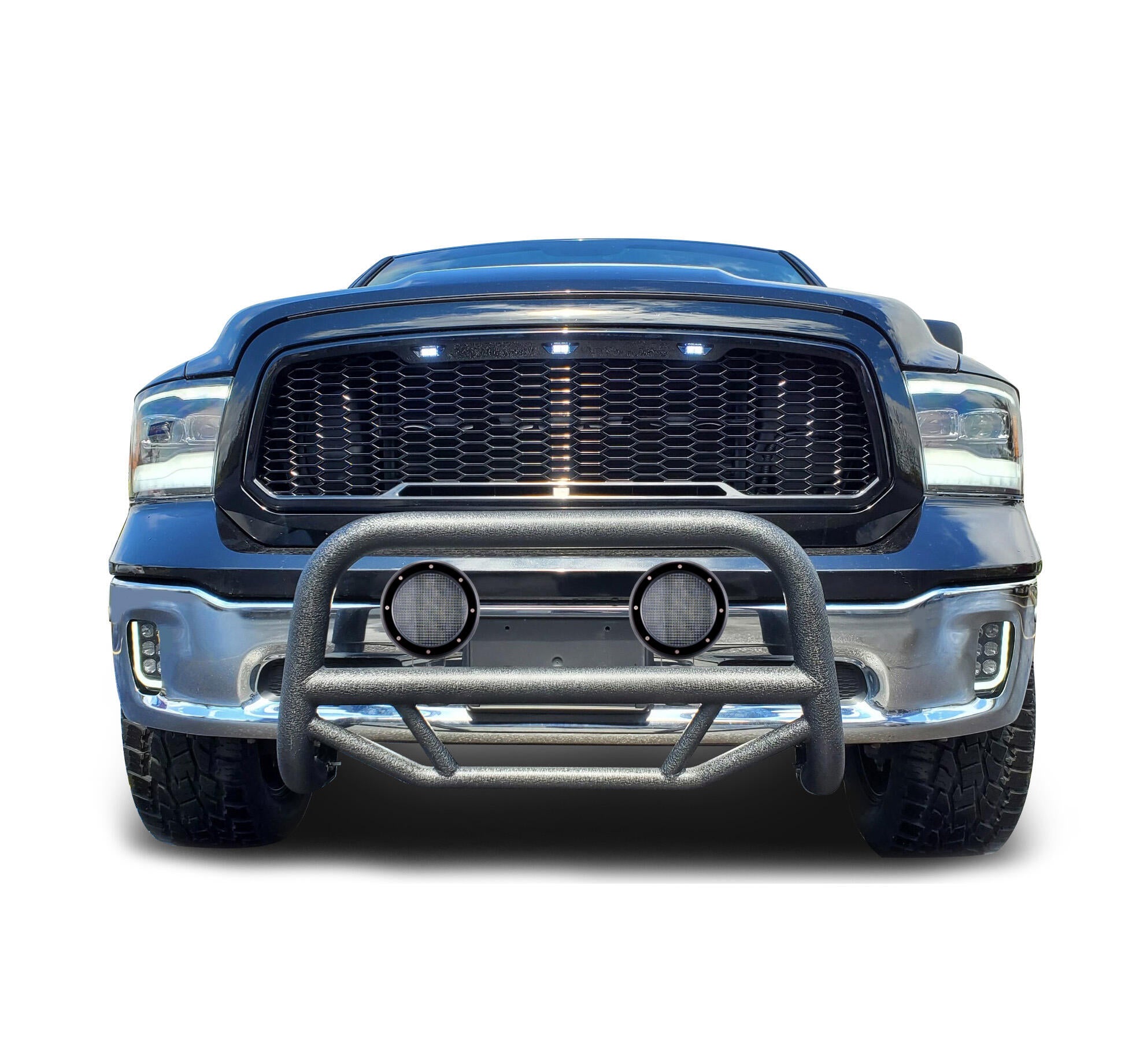 2009-2024 Dodge Ram 1500 Max T Bull Bar Kit Pair  of 5.3" Dia. LED Flood Lights w/ Black Trim Rings Wiring Harness  and Switch | Black Horse Off Road - Image 2