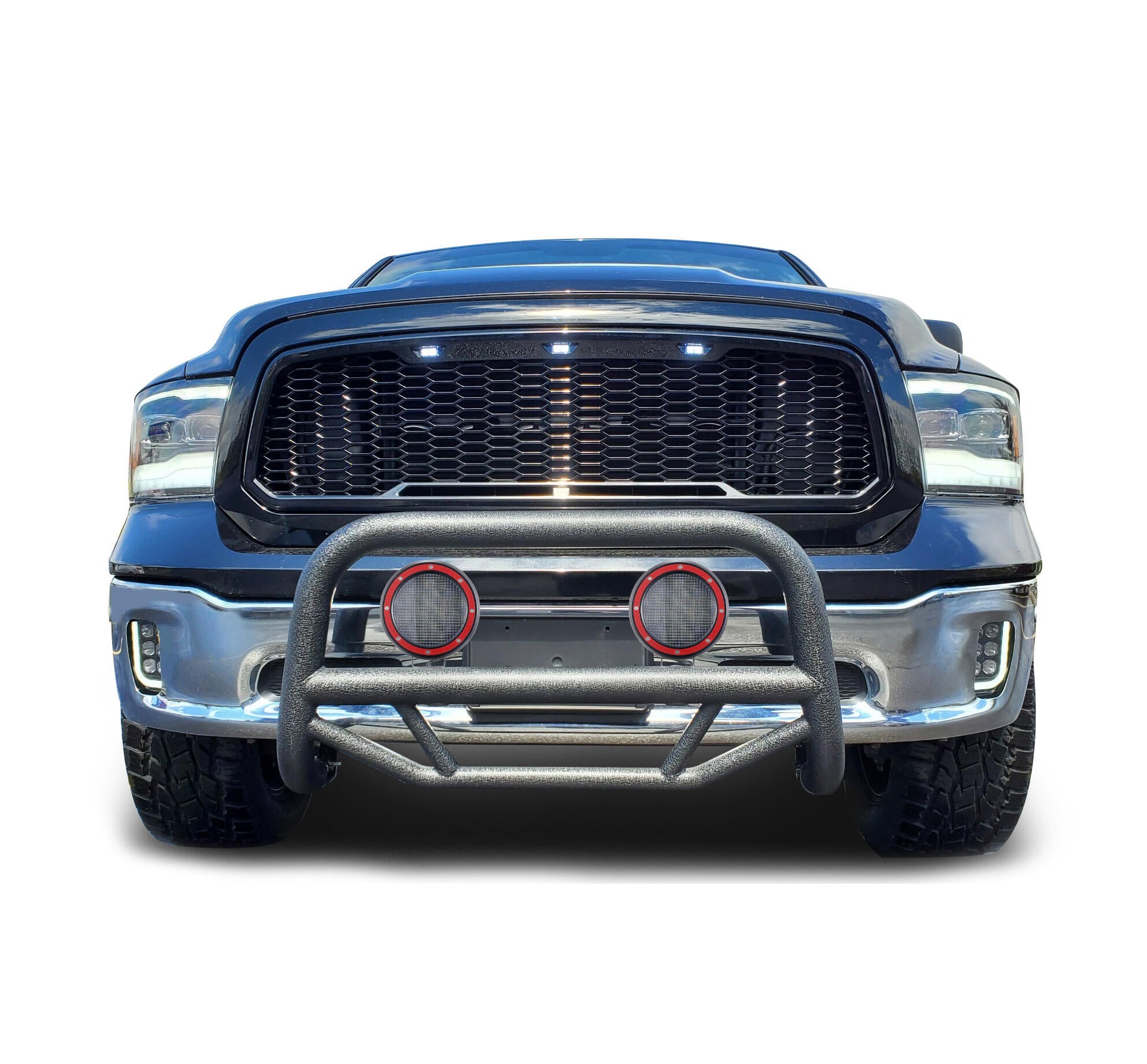 2009-2024 Dodge Ram 1500 Max T Bull Bar Kit Pair  of 5.3" Dia. LED Flood Lights w/ Red Trim Rings Wiring Harness  and Switch | Black Horse Off Road - Image 1