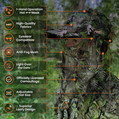 2-in-1 FRONT Leafy Face Mask and Camo Hat (Adj, OSFM)