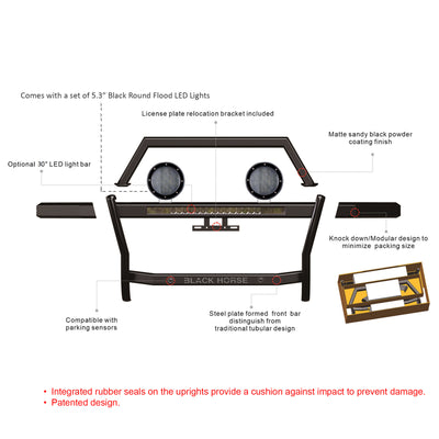2023-2024 Chevrolet Silverado 1500 Rambler Grille Guard Kit Modular Includes 30" LED Bar Single Row & a set of 5.3" Dia. LED Flood Lights w/ Black Trim Rings Wiring Harness  and Switch | Black Horse Off Road - Image 6