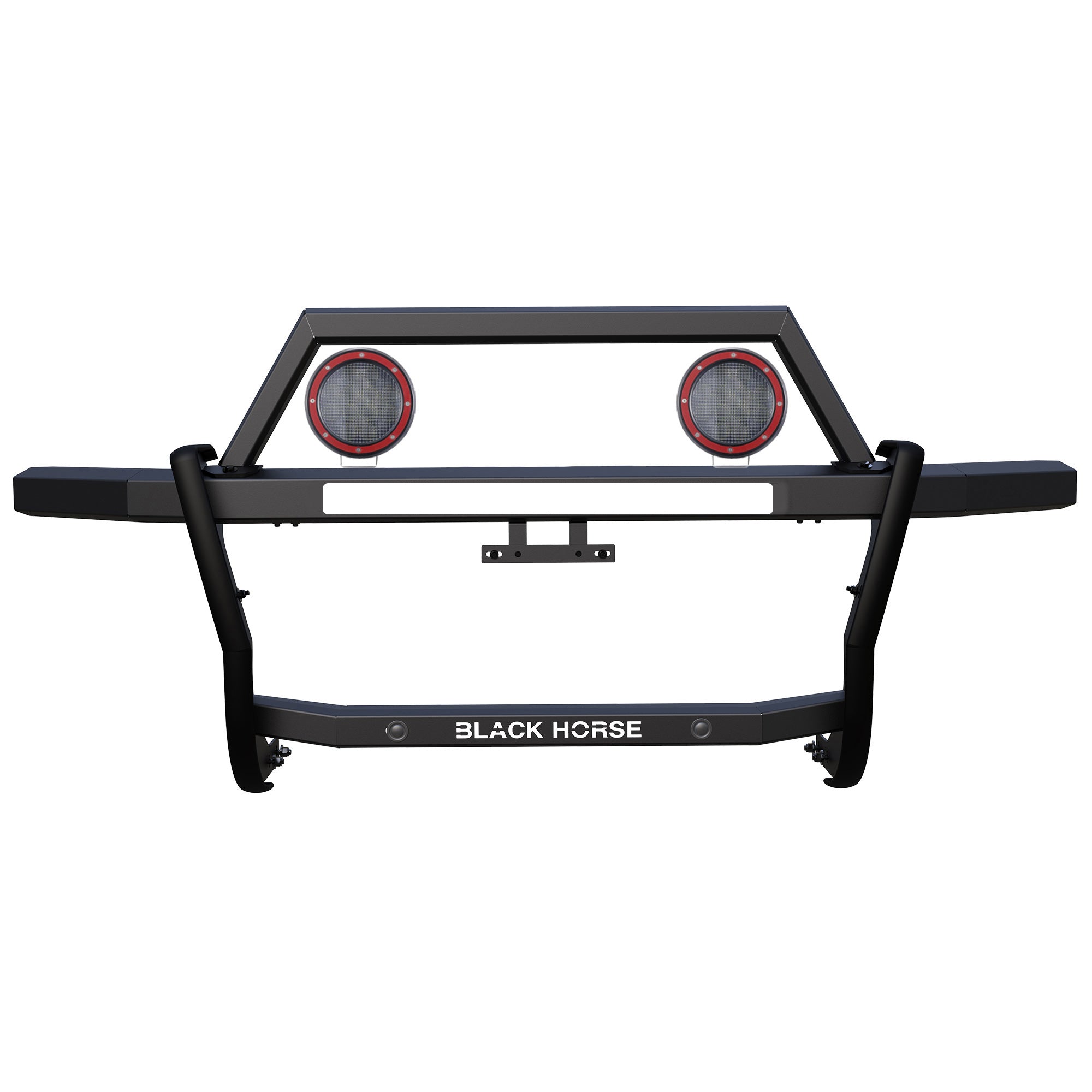 2015-2023 Ford F-150 Rambler Grille Guard Kit Modular Includes a set of 5.3" Dia. LED Flood Lights w/ Red Trim Rings Wiring Harness  and Switch | Black Horse Off Road - Image 1