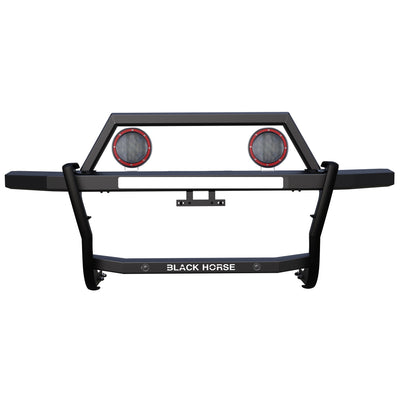 2009-2018 Dodge Ram 1500 Rambler Grille Guard Kit Modular Includes a set of 5.3" Dia. LED Flood Lights w/ Red Trim Rings Wiring Harness  and Switch | Black Horse Off Road - Image 1