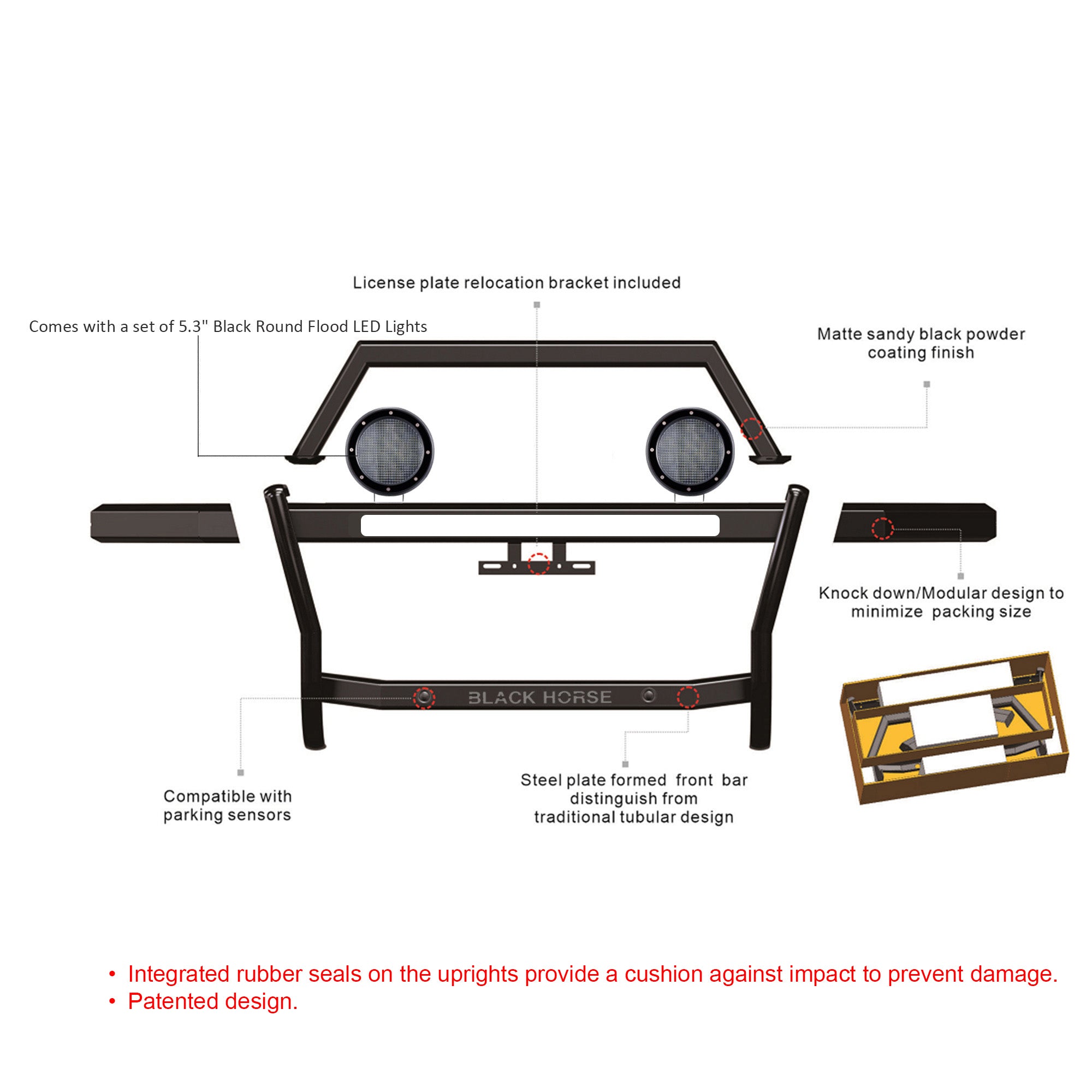 2019-2025 Dodge Ram 1500 Rambler Grille Guard Kit Modular Includes a set of 5.3" Dia. LED Flood Lights w/ Black Trim Rings Wiring Harness  and Switch | Black Horse Off Road - Image 2