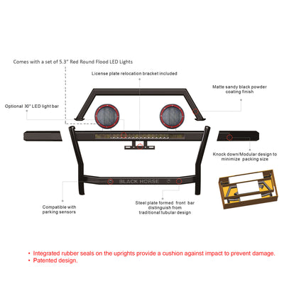2024-2025 Toyota Land Cruiser Rambler Grille Guard Kit Modular Includes 30" LED Bar Single Row & a set of 5.3" Dia. LED Flood Lights w/ Red Trim Rings Wiring Harness  and Switch | Black Horse Off Road - Image 5