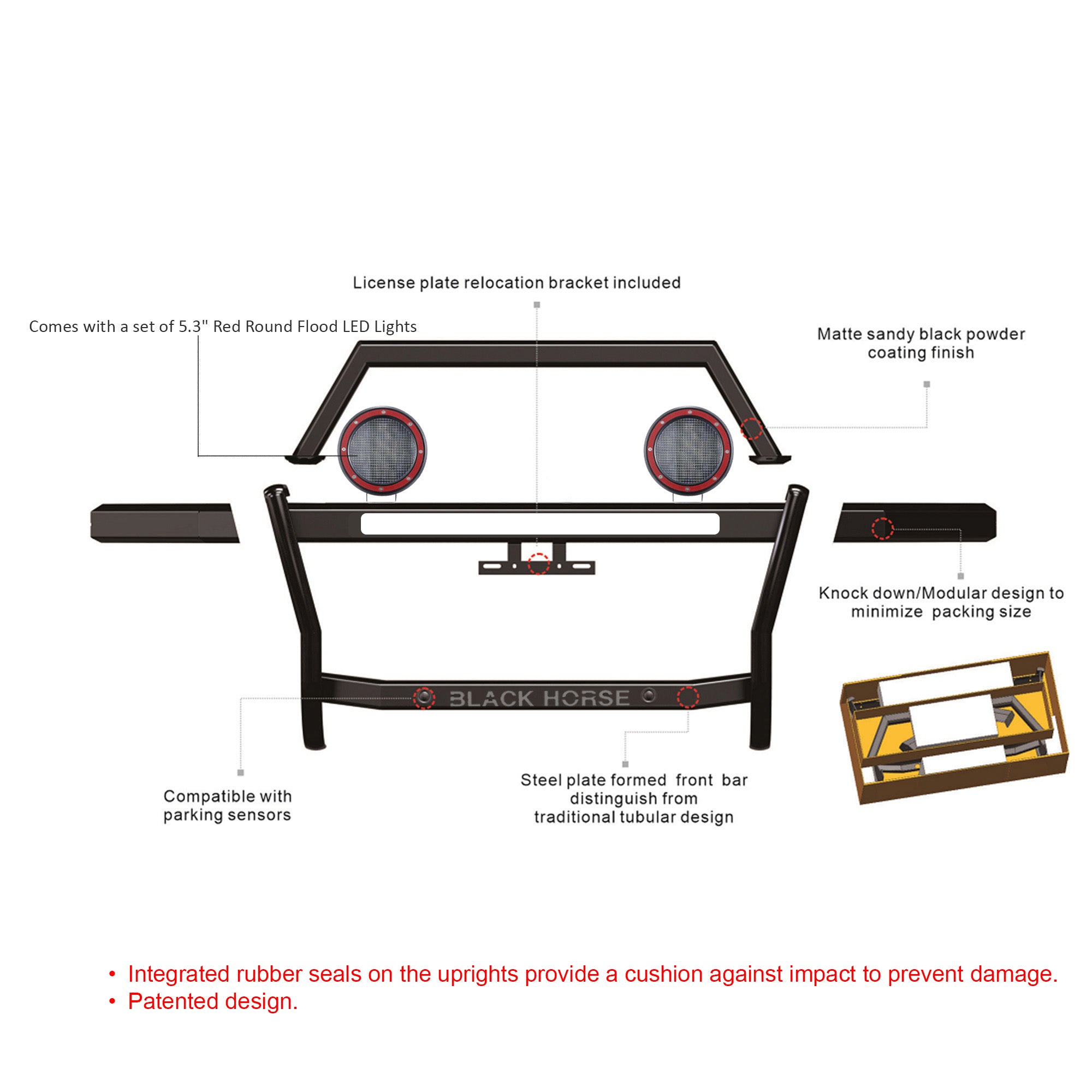 2023-2024 Canyon Rambler Grille Guard Kit Modular Includes a set of 5.3" Dia. LED Flood Lights w/ Red Trim Rings Wiring Harness  and Switch | Black Horse Off Road - Image 2
