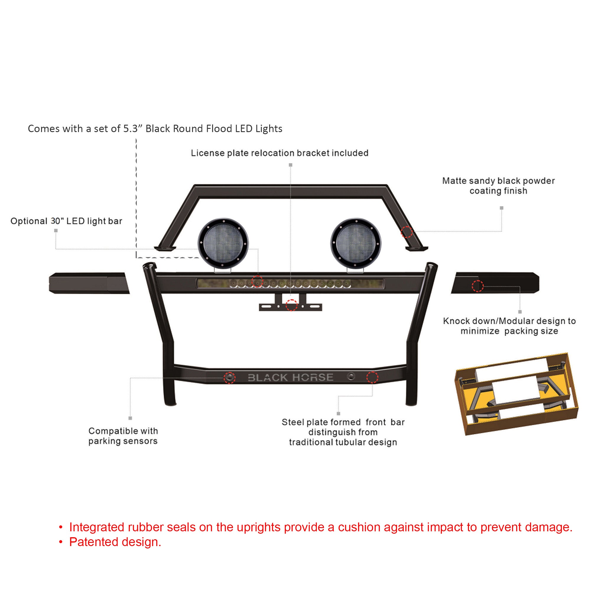 2024-2025 Ford Ranger Rambler Grille Guard Kit Modular Includes 30" LED Bar Single Row & a set of 5.3" Dia. LED Flood Lights w/ Black Trim Rings Wiring Harness  and Switch | Black Horse Off Road - Image 6