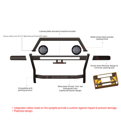 2025 Ford Bronco Sport Rambler Grille Guard Kit Modular Includes a set of 5.3" Dia. LED Flood Lights w/ Black Trim Rings Wiring Harness  and Switch | Black Horse Off Road - Image 2