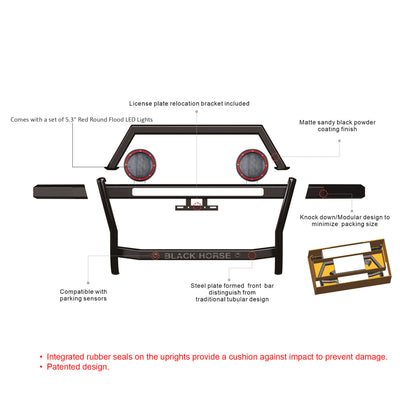 2025 Ford Bronco Sport Rambler Grille Guard Kit Modular Includes a set of 5.3" Dia. LED Flood Lights w/ Red Trim Rings Wiring Harness  and Switch | Black Horse Off Road - Image 2