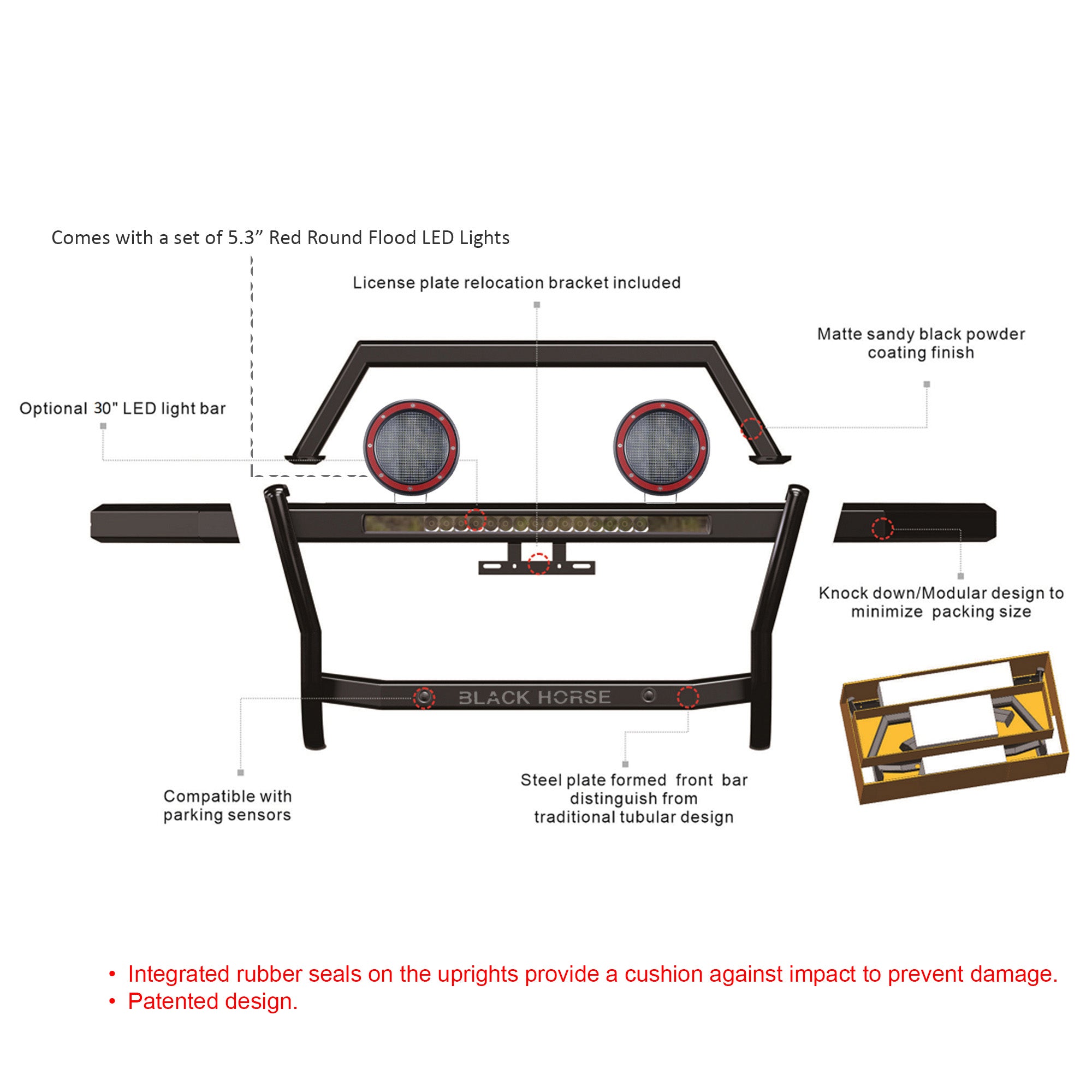 2025 Toyota 4Runner Rambler Grille Guard Kit Modular Includes 30" LED Bar Single Row & a set of 5.3" Dia. LED Flood Lights w/ Red Trim Rings Wiring Harness  and Switch | Black Horse Off Road - Image 5