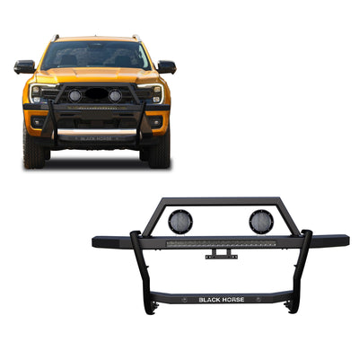 2019-2023 Ford Ranger Rambler Grille Guard Kit Modular Includes 30" LED Bar Single Row & a set of 5.3" Dia. LED Flood Lights w/ Black Trim Rings Wiring Harness  and Switch | Black Horse Off Road - Image 1