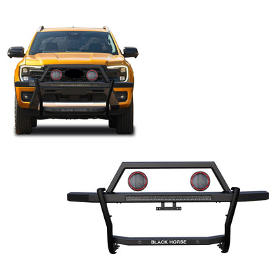 2019-2023 Ford Ranger Rambler Grille Guard Kit Modular Includes 30" LED Bar Single Row & a set of 5.3" Dia. LED Flood Lights w/ Red Trim Rings Wiring Harness  and Switch | Black Horse Off Road - Image 1