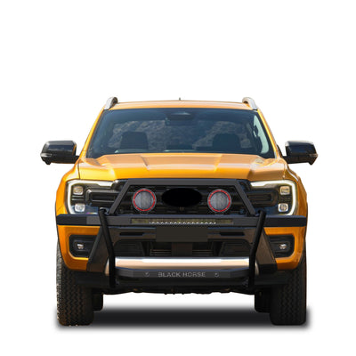 2019-2023 Ford Ranger Rambler Grille Guard Kit Modular Includes 30" LED Bar Single Row & a set of 5.3" Dia. LED Flood Lights w/ Red Trim Rings Wiring Harness  and Switch | Black Horse Off Road - Image 10