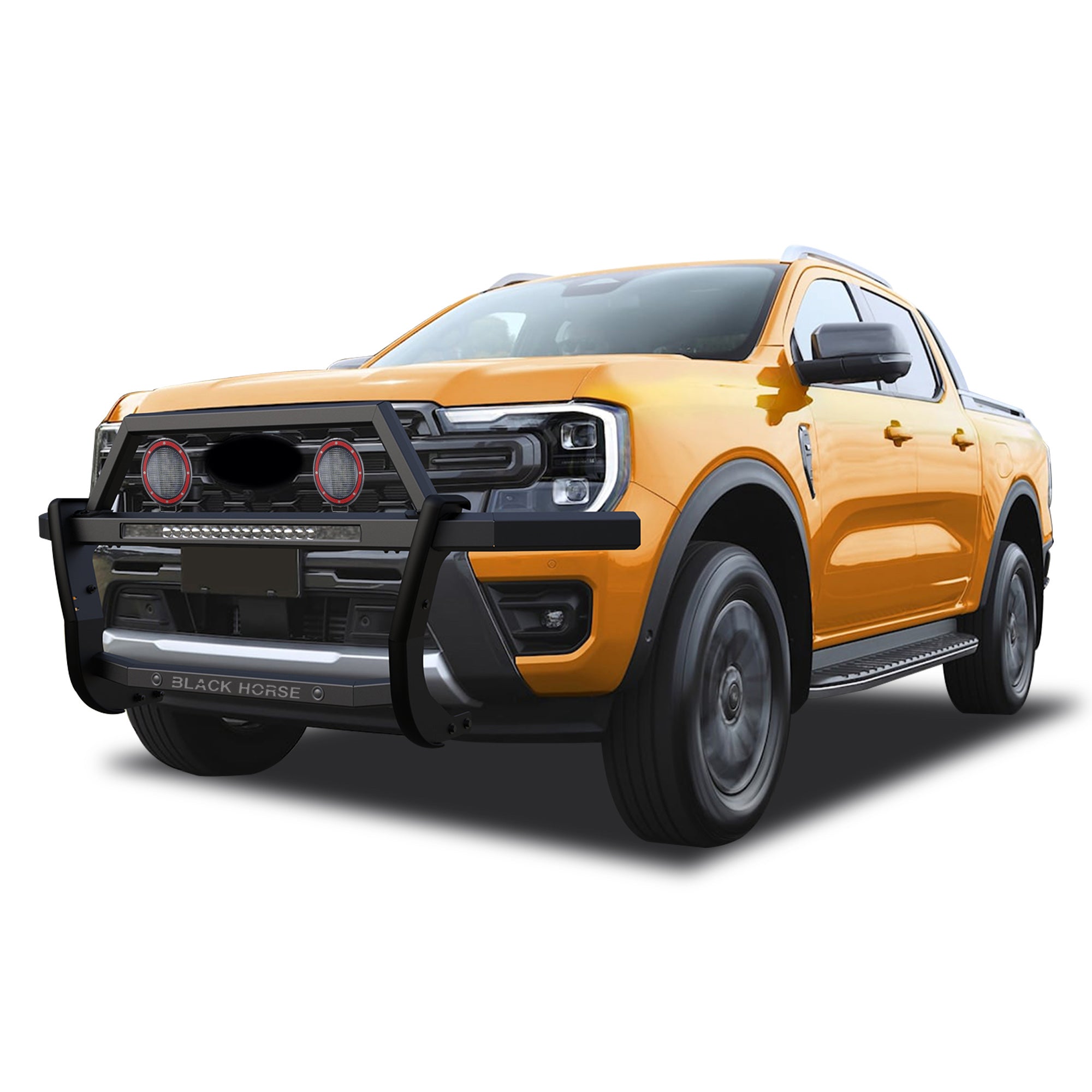 2019-2023 Ford Ranger Rambler Grille Guard Kit Modular Includes 30" LED Bar Single Row & a set of 5.3" Dia. LED Flood Lights w/ Red Trim Rings Wiring Harness  and Switch | Black Horse Off Road - Image 9