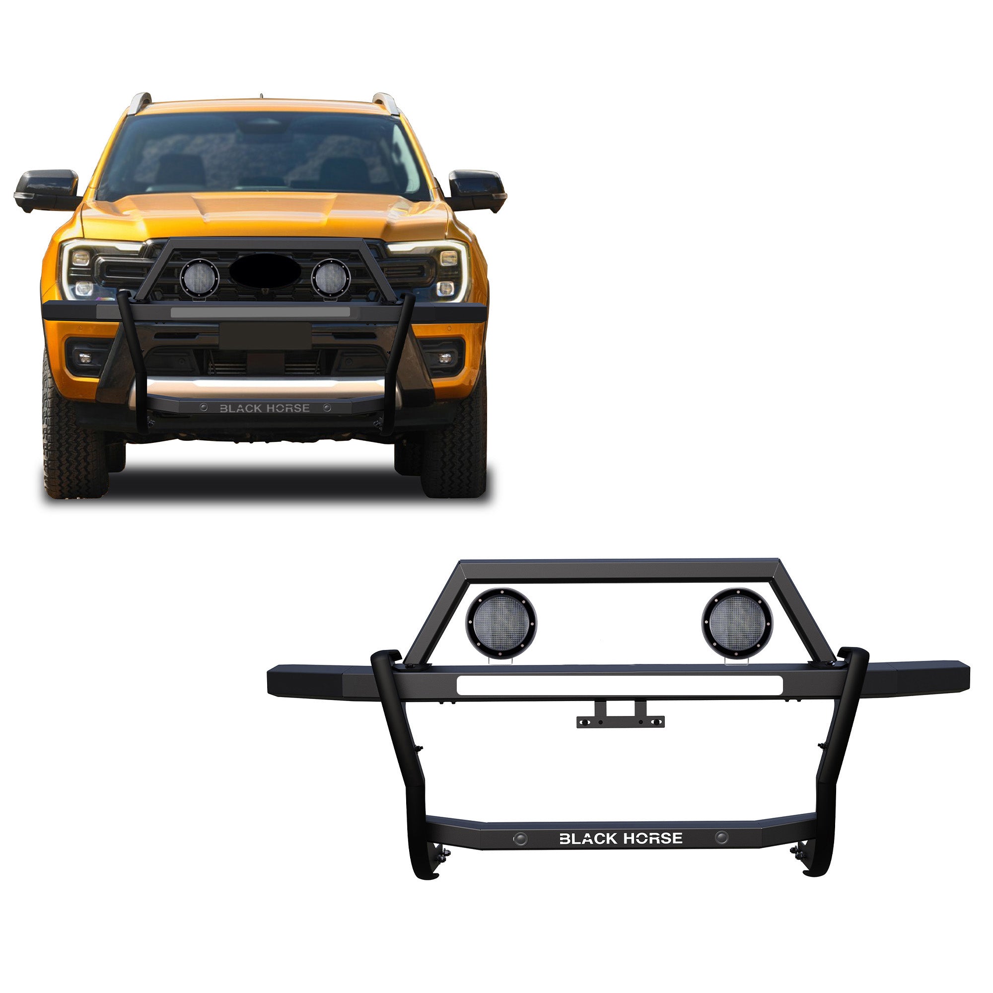 2019-2023 Ford Ranger Rambler Grille Guard Kit Modular Includes a set of 5.3" Dia. LED Flood Lights w/ Black Trim Rings Wiring Harness  and Switch | Black Horse Off Road - Image 1
