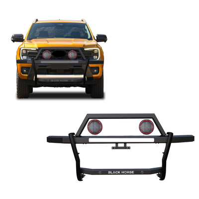 2019-2023 Ford Ranger Rambler Grille Guard Kit Modular Includes a set of 5.3" Dia. LED Flood Lights w/ Red Trim Rings Wiring Harness  and Switch | Black Horse Off Road - Image 1