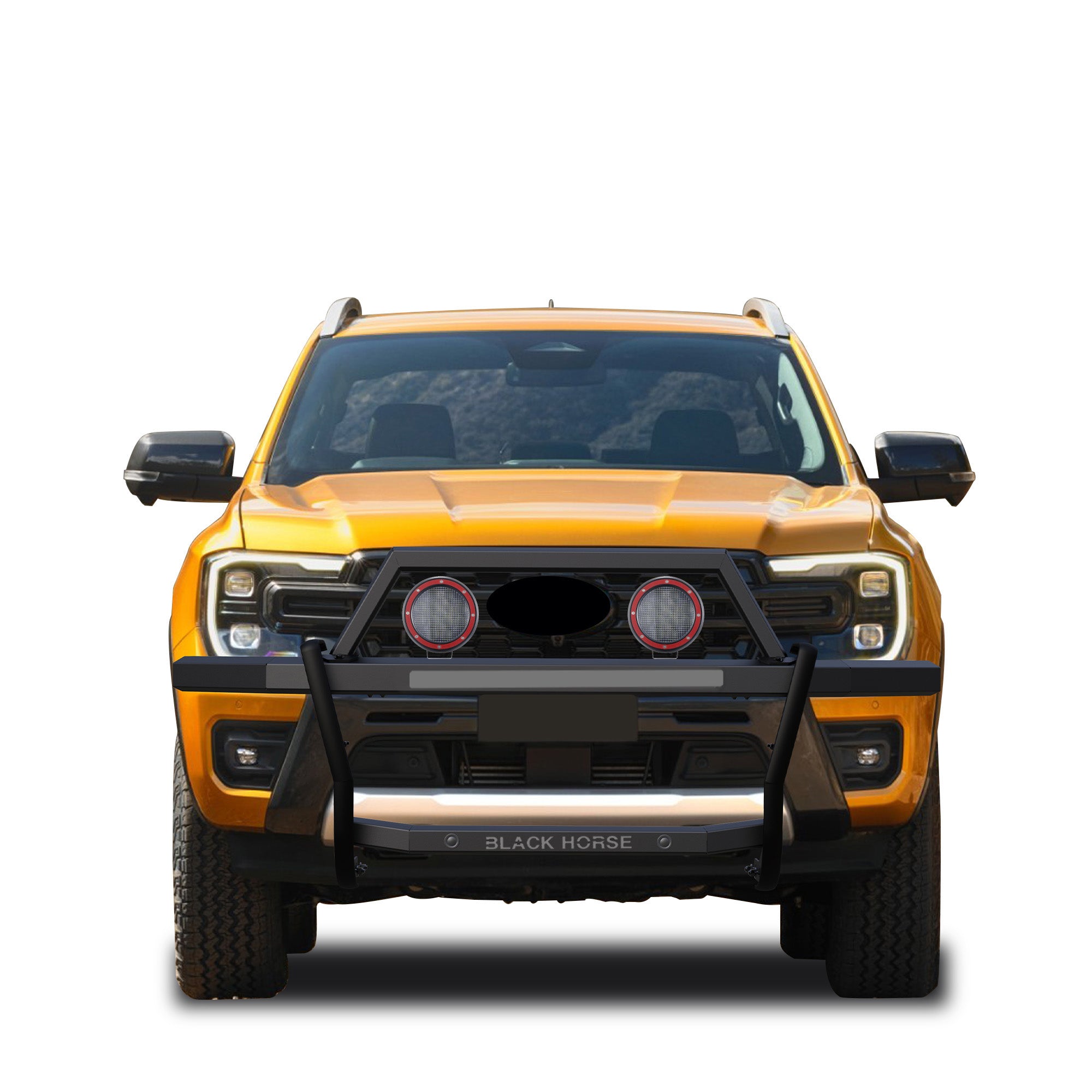 2019-2023 Ford Ranger Rambler Grille Guard Kit Modular Includes a set of 5.3" Dia. LED Flood Lights w/ Red Trim Rings Wiring Harness  and Switch | Black Horse Off Road - Image 9