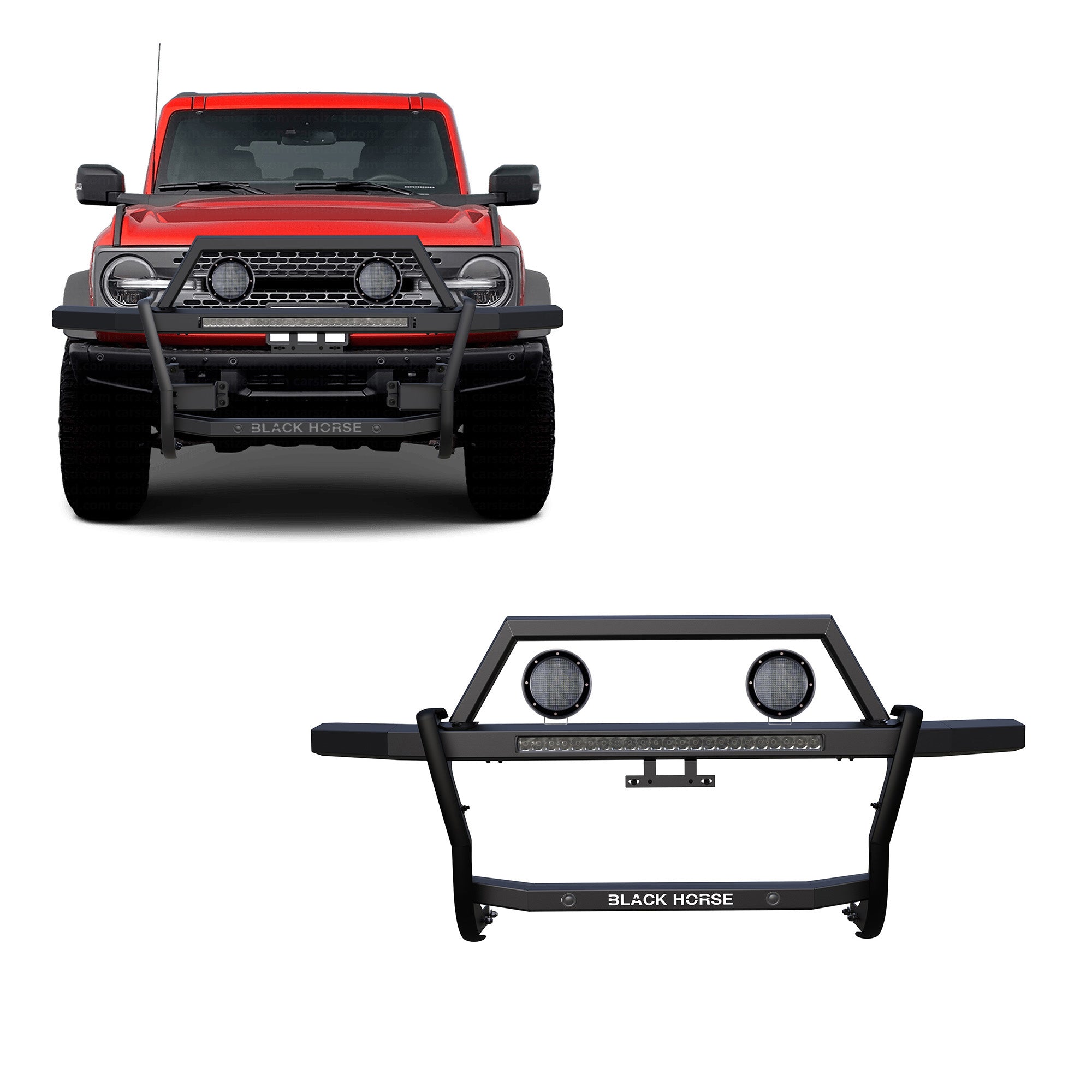 2021-2025 Ford Bronco Rambler Grille Guard Kit Modular Includes 30" LED Bar Single Row & a set of 5.3" Dia. LED Flood Lights w/ Black Trim Rings Wiring Harness  and Switch | Black Horse Off Road - Image 1