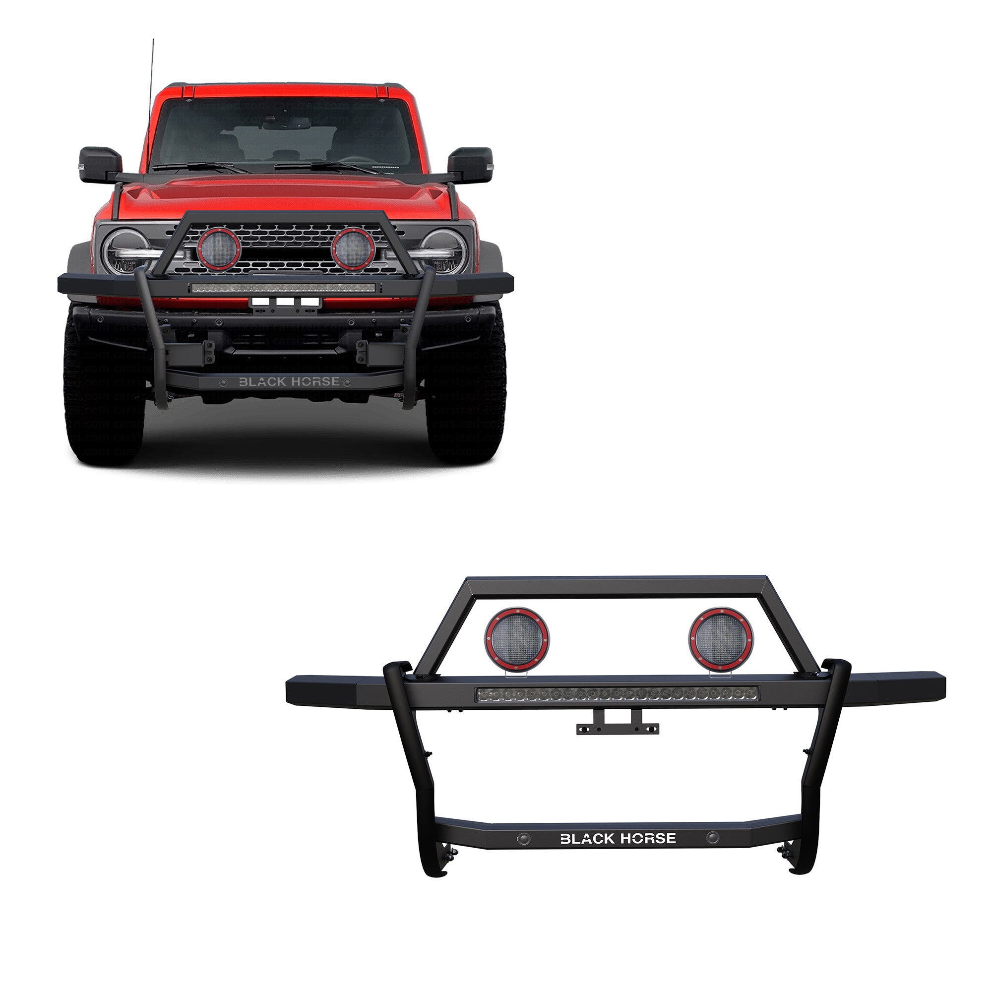 2021-2025 Ford Bronco Rambler Grille Guard Kit Modular Includes 30" LED Bar Single Row & a set of 5.3" Dia. LED Flood Lights w/ Red Trim Rings Wiring Harness  and Switch | Black Horse Off Road - Image 1