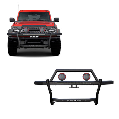 2021-2025 Ford Bronco Rambler Grille Guard Kit Modular Includes 30" LED Bar Single Row & a set of 5.3" Dia. LED Flood Lights w/ Red Trim Rings Wiring Harness  and Switch | Black Horse Off Road - Image 1