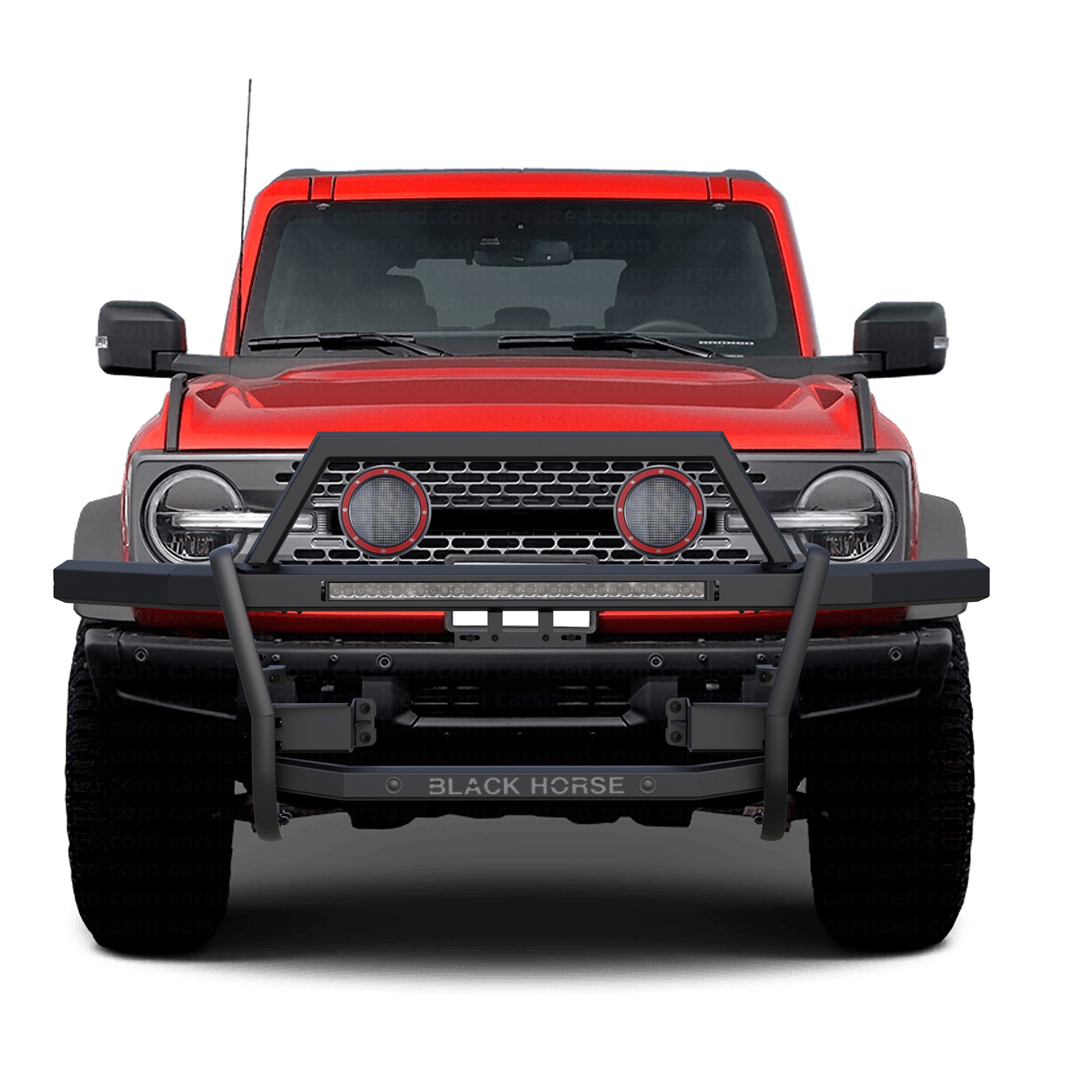 2021-2025 Ford Bronco Rambler Grille Guard Kit Modular Includes 30" LED Bar Single Row & a set of 5.3" Dia. LED Flood Lights w/ Red Trim Rings Wiring Harness  and Switch | Black Horse Off Road - Image 10