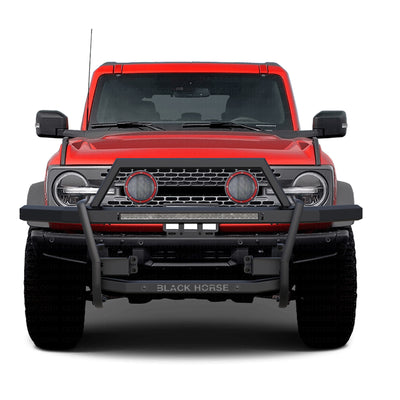 2021-2025 Ford Bronco Rambler Grille Guard Kit Modular Includes 30" LED Bar Single Row & a set of 5.3" Dia. LED Flood Lights w/ Red Trim Rings Wiring Harness  and Switch | Black Horse Off Road - Image 10