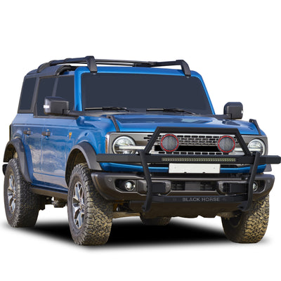 2021-2025 Ford Bronco Rambler Grille Guard Kit Modular Includes 30" LED Bar Single Row & a set of 5.3" Dia. LED Flood Lights w/ Red Trim Rings Wiring Harness  and Switch | Black Horse Off Road - Image 9