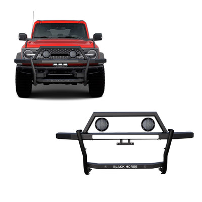 2021-2025 Ford Bronco Rambler Grille Guard Kit Modular Includes a set of 5.3" Dia. LED Flood Lights w/ Black Trim Rings Wiring Harness  and Switch | Black Horse Off Road - Image 1