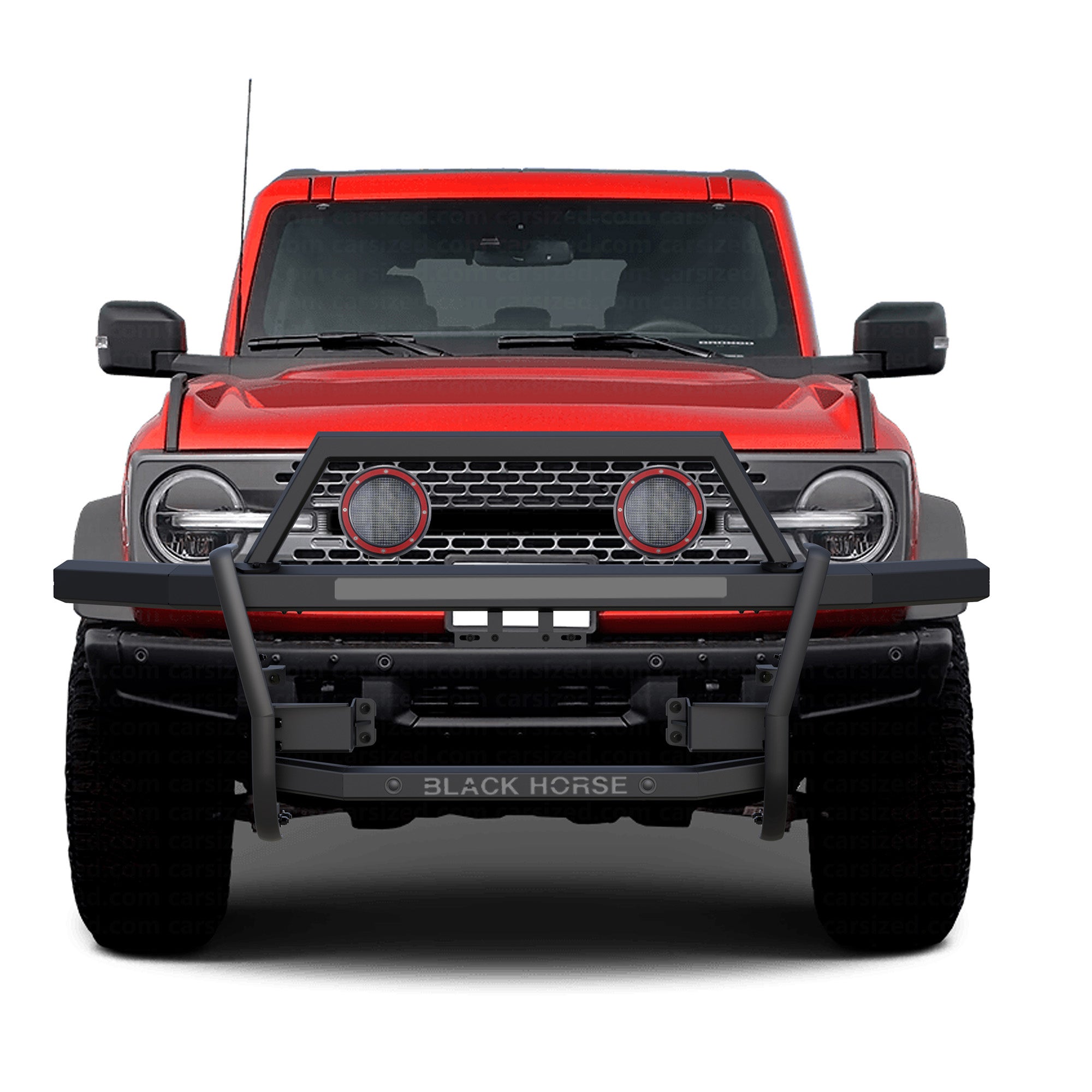 2021-2025 Ford Bronco Rambler Grille Guard Kit Modular Includes a set of 5.3" Dia. LED Flood Lights w/ Red Trim Rings Wiring Harness  and Switch | Black Horse Off Road - Image 9