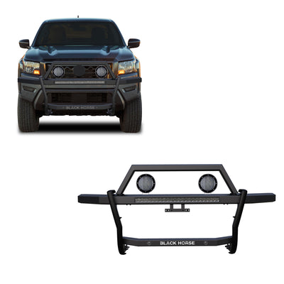 2022-2025 Nissan Frontier Rambler Grille Guard Kit Modular Includes 30" LED Bar Single Row & a set of 5.3" Dia. LED Flood Lights w/ Black Trim Rings Wiring Harness  and Switch | Black Horse Off Road - Image 1