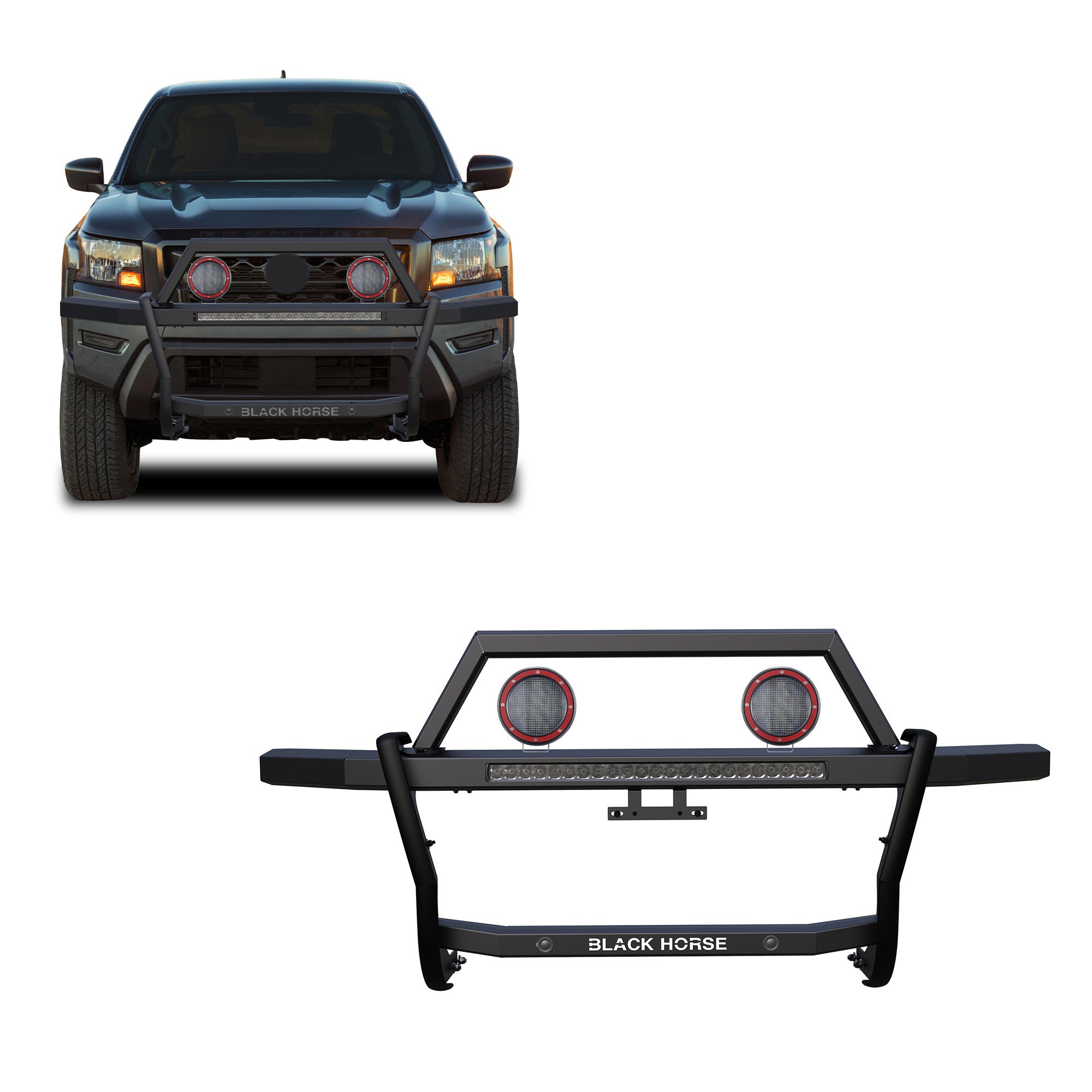 2022-2025 Nissan Frontier Rambler Grille Guard Kit Modular Includes 30" LED Bar Single Row & a set of 5.3" Dia. LED Flood Lights w/ Red Trim Rings Wiring Harness  and Switch | Black Horse Off Road - Image 1