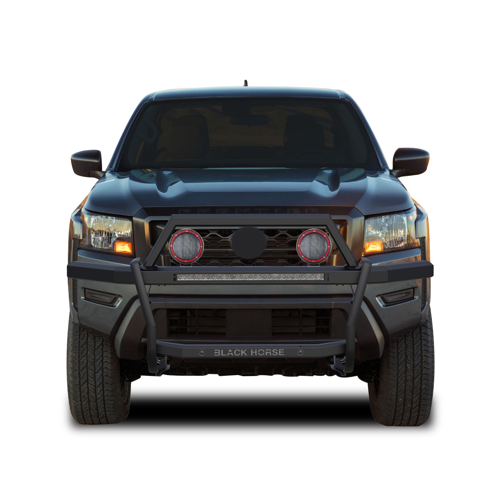 2022-2025 Nissan Frontier Rambler Grille Guard Kit Modular Includes 30" LED Bar Single Row & a set of 5.3" Dia. LED Flood Lights w/ Red Trim Rings Wiring Harness  and Switch | Black Horse Off Road - Image 8