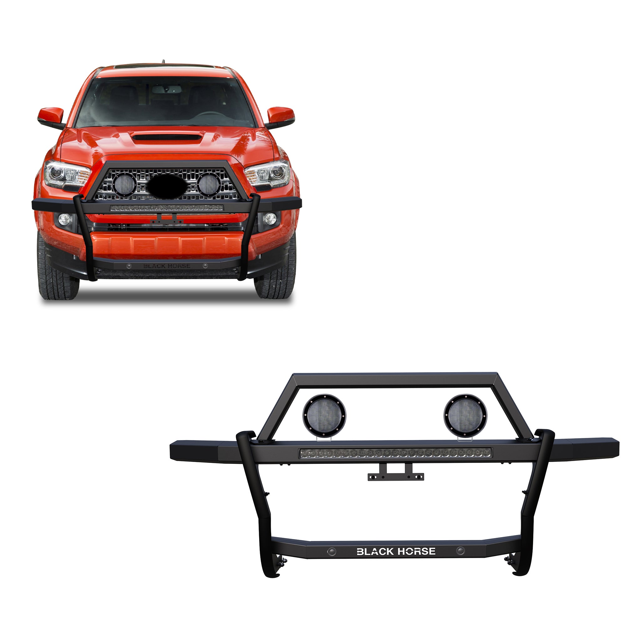 2005-2023 Toyota Tacoma Rambler Grille Guard Kit Modular Includes 30" LED Bar Single Row & a set of 5.3" Dia. LED Flood Lights w/ Black Trim Rings Wiring Harness  and Switch | Black Horse Off Road - Image 1