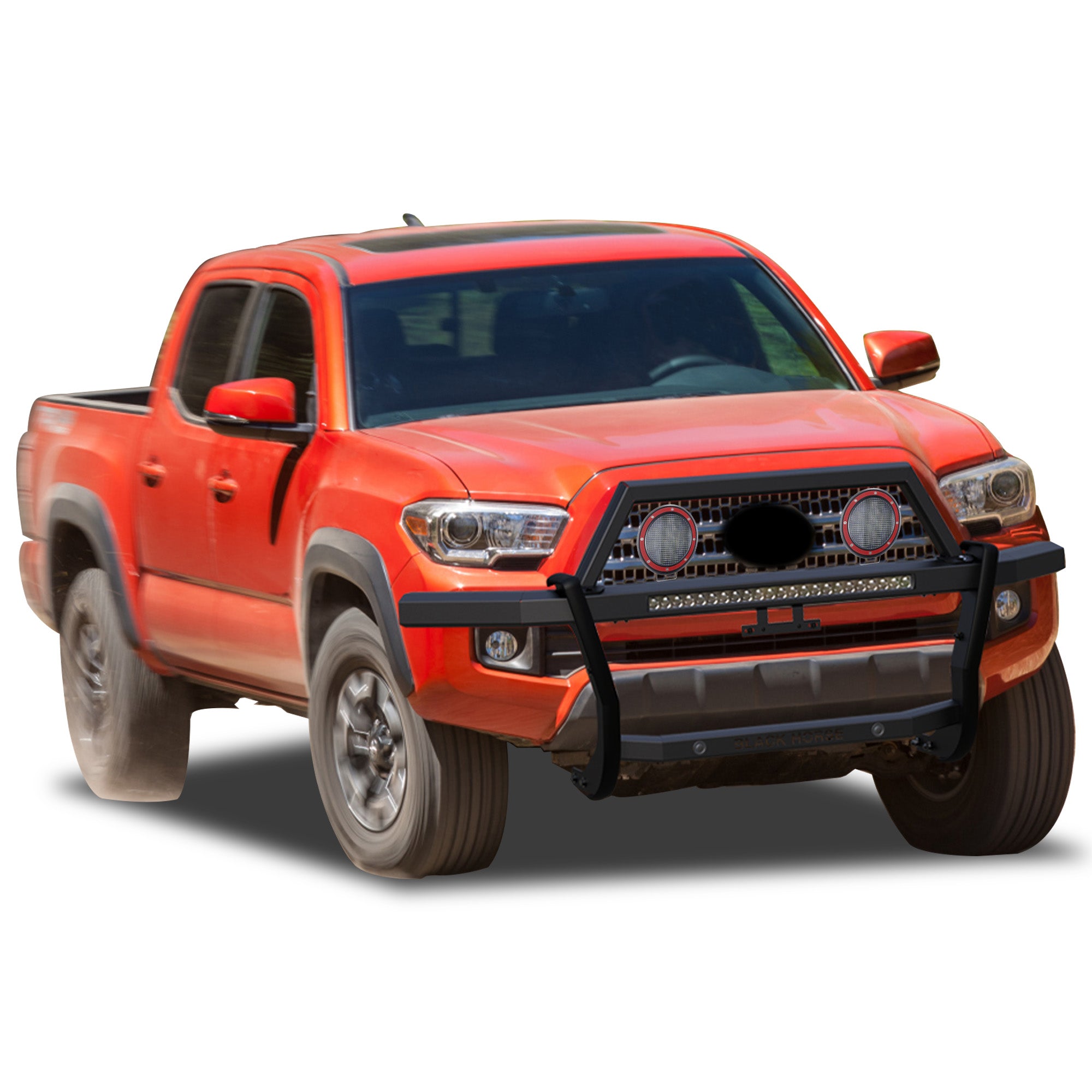 2005-2023 Toyota Tacoma Rambler Grille Guard Kit Modular Includes 30" LED Bar Single Row & a set of 5.3" Dia. LED Flood Lights w/ Red Trim Rings Wiring Harness  and Switch | Black Horse Off Road - Image 10
