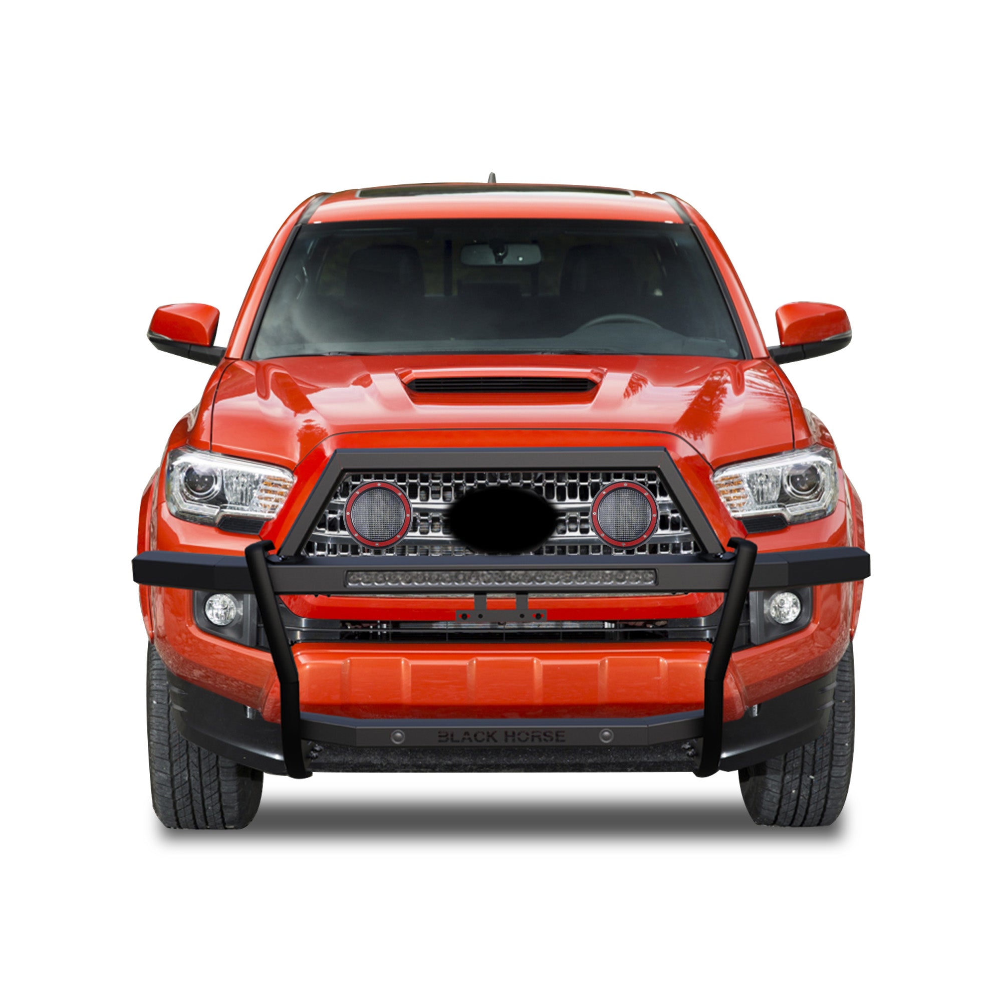 2005-2023 Toyota Tacoma Rambler Grille Guard Kit Modular Includes 30" LED Bar Single Row & a set of 5.3" Dia. LED Flood Lights w/ Red Trim Rings Wiring Harness  and Switch | Black Horse Off Road - Image 9